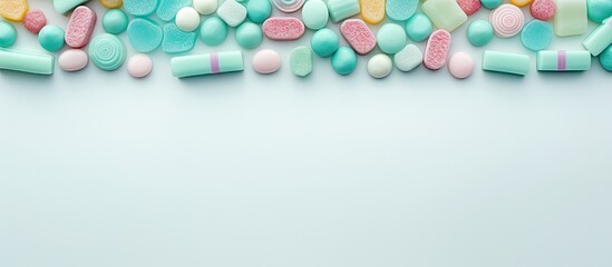 Aufkleber - A candy frame creates a background with room for text or images This flat lay view from above features pastel turquoise candies. Creative banner. Copyspace image