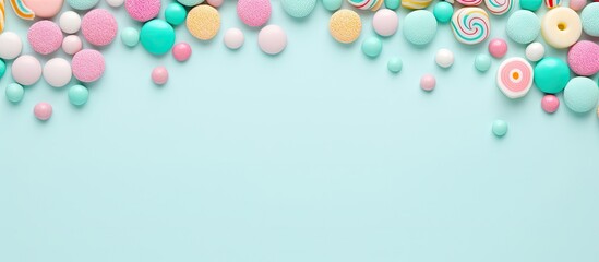 Sticker - A candy frame creates a background with room for text or images This flat lay view from above features pastel turquoise candies. Creative banner. Copyspace image