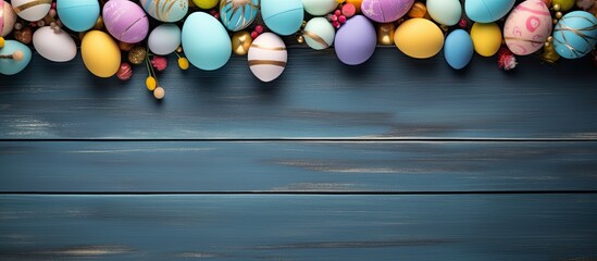 Sticker - A creative frame surrounds a beautiful arrangement of colorful Easter eggs on a blue wooden table with ample copy space for customization