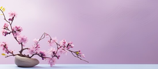 Fototapete - A blooming branch on a lilac background with decorative podiums creating a visually appealing copy space image