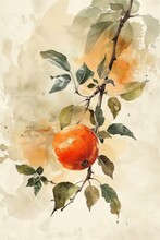 American Persimmon Fruit In Stunning Watercolor.