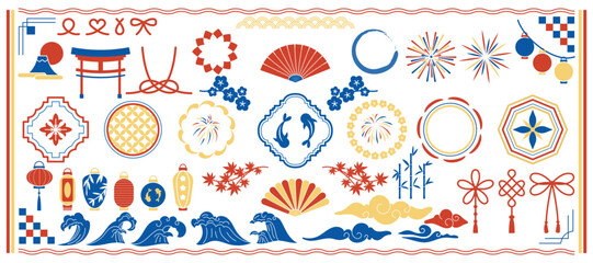Japan summer icon. Frame element, fireworks, ribbon. Background Obon, headline. Cute borders, goldfish, water waves and clouds, lantern silhouette, material, maple. Vector illustration garish set