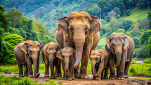 Elephant Family In The Wild, National Park, Thailand