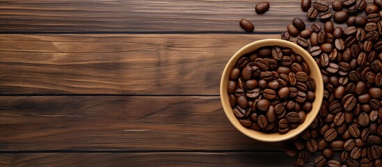 Aufkleber - A top down view of a group of coffee beans arranged on a bamboo plate placed on a wooden table with ample empty space around them for copy or additional images