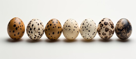 Wall Mural - A pack of quail eggs is displayed on a white background creating a visual that emphasizes healthy food. Creative banner. Copyspace image