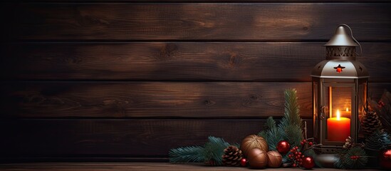 Poster - A festive arrangement of a burning lantern and Christmas decorations placed on a wooden background providing ample copy space for text