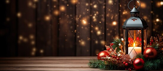 Poster - A festive arrangement of a burning lantern and Christmas decorations placed on a wooden background providing ample copy space for text
