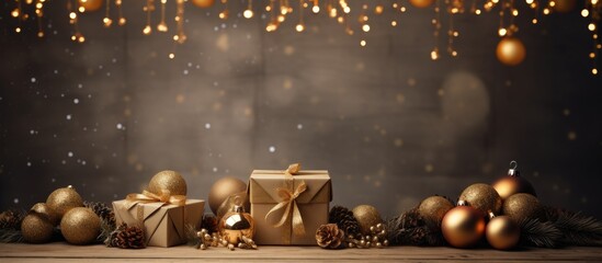 Poster - A festive display of New Year s decorations including a gift box and garland Copy space image