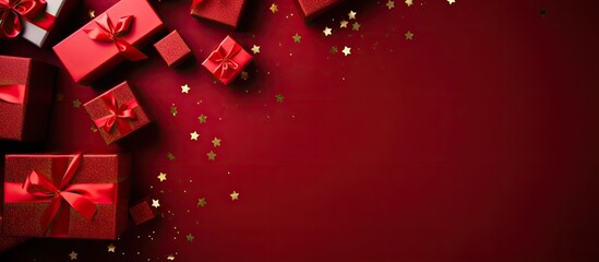Aufkleber - A festive top view image showing various gift boxes embellished with red ribbons on a vibrant background perfect for holiday celebrations and congratulations Copy space included
