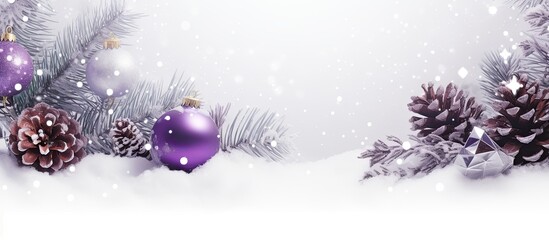 Poster - Festive header with a snowy frame of purple Christmas decorations and pine twigs creating a holiday background with copy space image