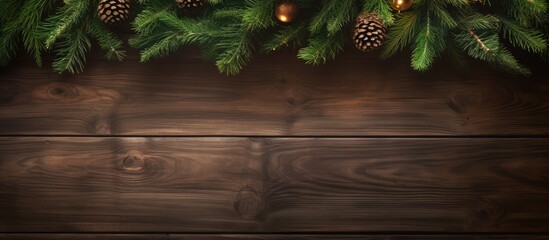 Poster - A festive Christmas themed image featuring a wood texture backdrop with a square frame at the top showcasing a beautiful fir tree 152 characters. Creative banner. Copyspace image