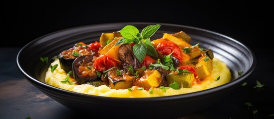 Poster - A top view of a bowl filled with Italian cuisine polenta garnished with stewed vegetables such as tomatoes peppers zucchini and eggplant Thyme adds a herbaceous touch The vegetarian dish is presented