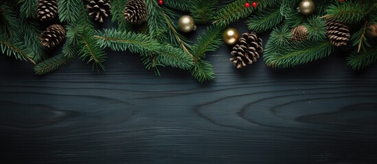 Poster - Top view of a flat lay Christmas composition featuring fir tree branches festive decorations and a copy space image capturing the essence of the winter holidays