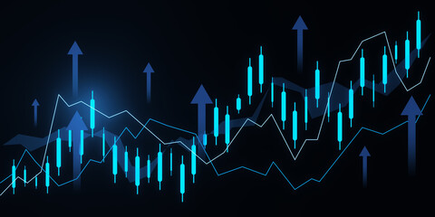 Wall Mural - Creative glowing growing forex chart with arrows on dark texture. Financial growth and stock concept. 3D Rendering.
