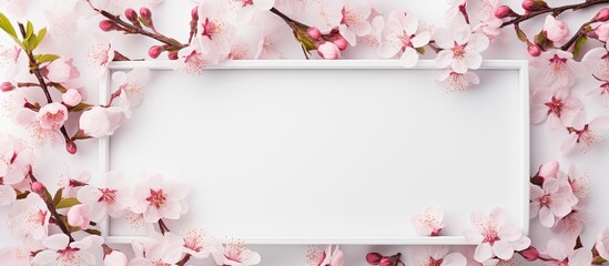 Aufkleber - A flat top view of a box isolated on a white background showcasing a beautiful frame consisting of pink and white almond blossoms with spring blooming branches The image offers ample copy space