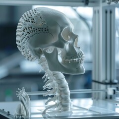 A 3D rendering of a human head bone and ribs shows a 3D product printed in a lab with a computer and 3D printer.