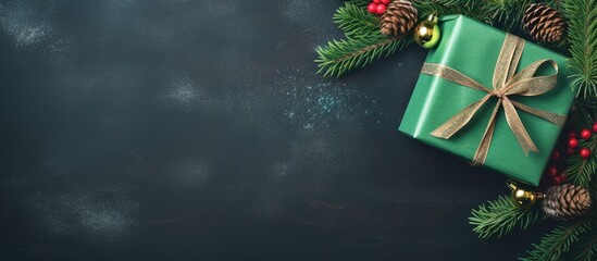 Wall Mural - Top view composition of holiday gifts in a green box intertwined with ropes and a fresh fir tree branch on a festive background offering ample copy space for your message