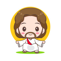 Canvas Print - Cute Jesus Christ sitting cartoon character. Hand drawn Chibi character, clip art, sticker, isolated white background. Christian Bible for kids. Mascot logo icon vector art illustration