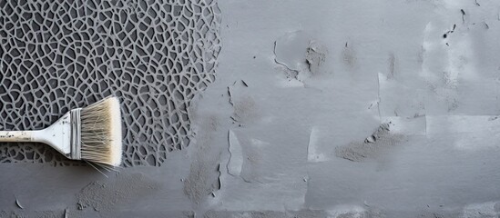 Aufkleber - Gray concrete background with a roll of mesh for plastering and a putty knife seen from a top down perspective Copy space image available