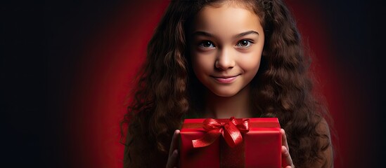 Poster - A young girl holding a red gift in her hands with copy space image