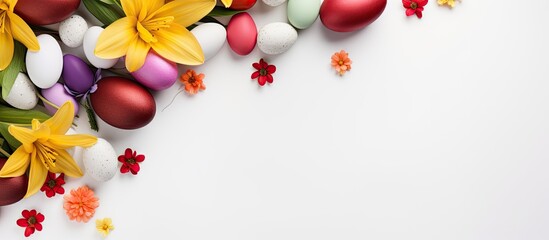 Poster - A high quality photo of an Easter composition with colorful eggs blooming flowers and a blank paper on a white background The image is captured from a top down perspective displaying a flat lay arran