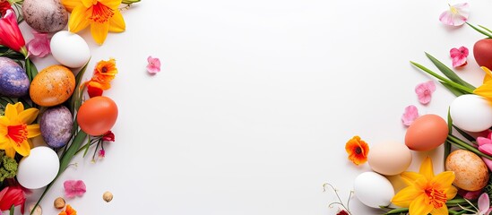 Poster - A high quality photo of an Easter composition with colorful eggs blooming flowers and a blank paper on a white background The image is captured from a top down perspective displaying a flat lay arran