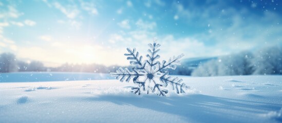 Poster - A snowflake with a blue hue stands out against the white snow on a snowy background creating a visually striking image with plenty of copy space