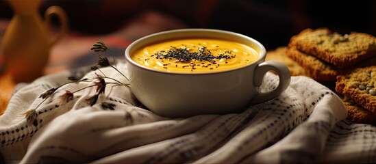 Aufkleber - A copy space image of homemade cream pumpkin soup adorned with black cumin seeds served on a cozy knitted wool sweater