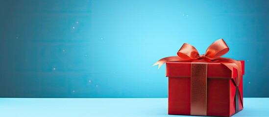 Poster - Image of a gift box adorned with a red bow set against a vibrant blue background with ample space available for text