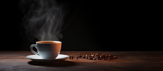 Poster - A copy space image of an open notebook placed alongside a black coffee mug resting on a dark table