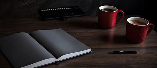 Poster - A copy space image of an open notebook placed alongside a black coffee mug resting on a dark table