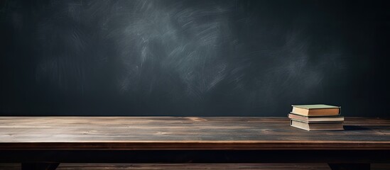 Aufkleber - A copy space image of an open book on a wooden school desk with the school blackboard background