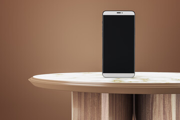 Wall Mural - Empty wooden table with black mock up smartphone on brown background. 3D Rendering.