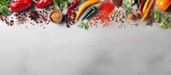 Wall Mural - Gray background image with assorted pepper types and blank space for text. Creative banner. Copyspace image