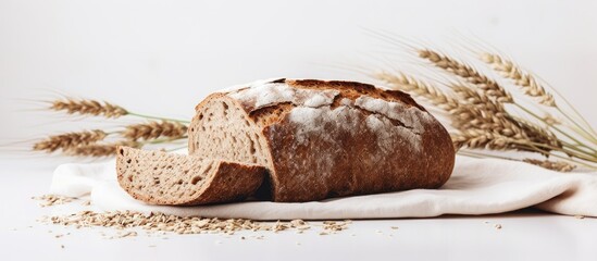 Poster - A copy space image of rye bread with grains on a white canvas backdrop