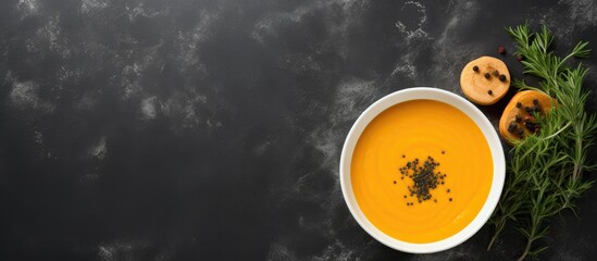 Aufkleber - A copy space image of butternut squash soup with black pepper displayed from an overhead perspective on a smooth grey slate surface