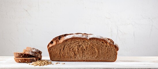 Wall Mural - A copy space image of rye bread with grains on a white canvas backdrop