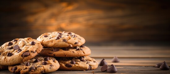 Poster - A copy space image of chocolate chip cookies on a wooden background