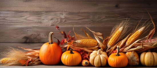 Poster - Copy space image of Thanksgiving Day with ripe orange pumpkins wheat and corn displayed against a rustic brown wooden backdrop