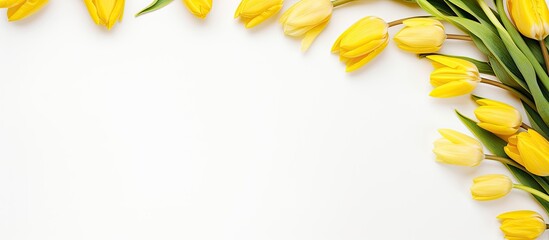 Leinwandbilder - Top view image of a delicate spring composition with yellow tulips on a white background creating a border with copy space