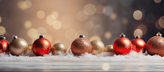 Leinwandbilder - This copy space image features a festive Christmas background with snow beautiful Christmas balls and a blurred backdrop