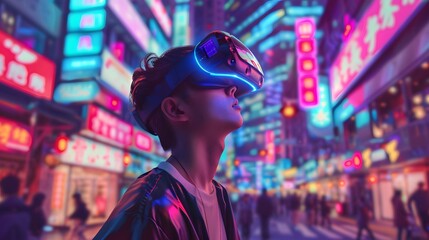 Wall Mural -  young emotional people on multicolored background in neon light. Concept of human emotions, facial expression, sales. Smiling, playing videogames with VR-headset, modern