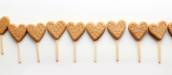 Poster - A copy space image featuring heart shaped stick cookies that have been consumed placed on a white background