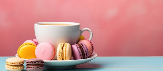 Poster - A copy space image featuring a vibrant assortment of colorful macaroons in shades of pink yellow and blue accompanied by a cup of coffee all set against a soft pink background 184 characters