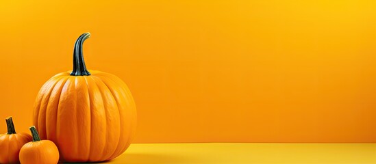 Wall Mural - Yellow background with copy space image featuring a fresh whole orange pumpkin providing ample room for text