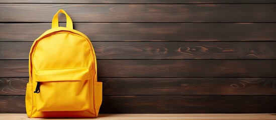 Poster - Copy space image of a yellow backpack filled with school supplies placed on a wooden table providing an empty background for potential usage