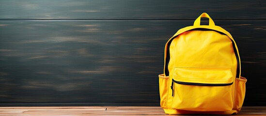 Poster - Copy space image of a yellow backpack filled with school supplies placed on a wooden table providing an empty background for potential usage