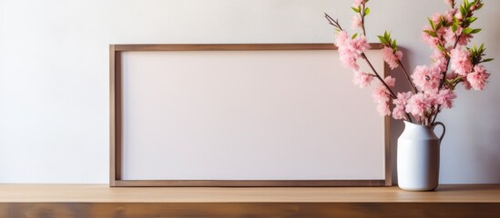 Leinwandbilder - A copy space image of a photo frame with pink flowers on a wooden shelf