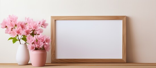 Leinwandbilder - A copy space image of a photo frame with pink flowers on a wooden shelf