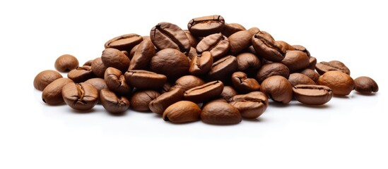 Wall Mural - Image of roasted coffee beans with a textured background isolated on a white backdrop Includes copy space for text